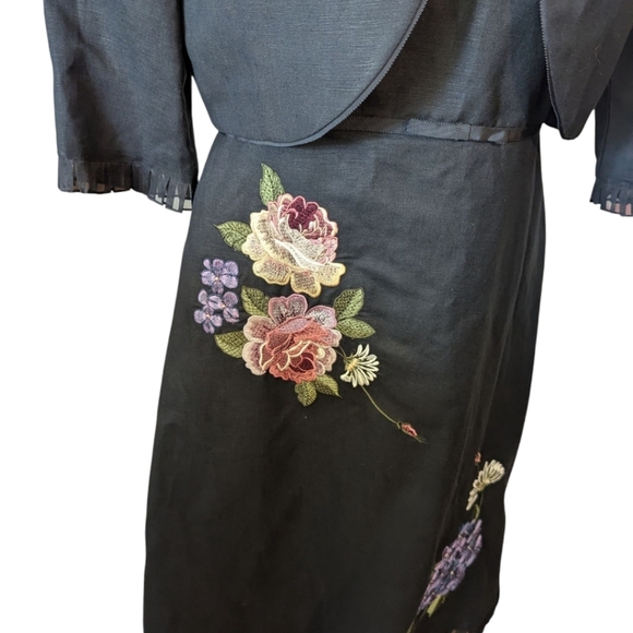 Vtg Plaza South Designer Black Linen Dress with Floral Embroidery & Jacket Sz 10 - Picture 2 of 9